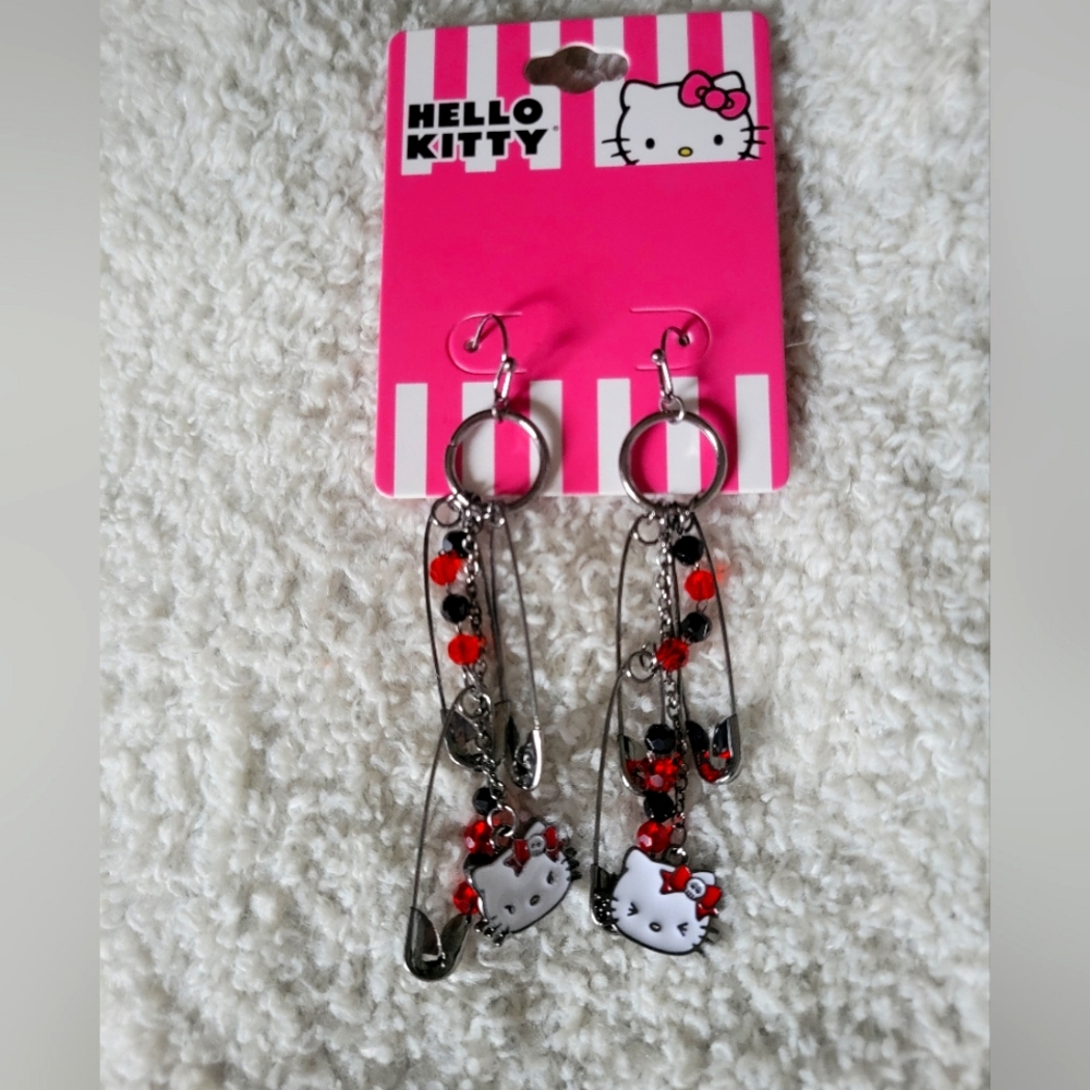 Hello Kitty Safety Pin Chain Drop Earrings